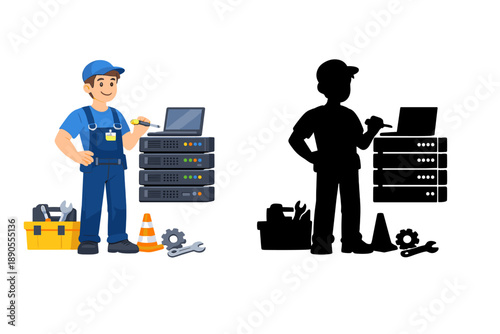 Worker in blue uniform stands next to computer servers holding a tool while another figure shows the silhouette of a technician working