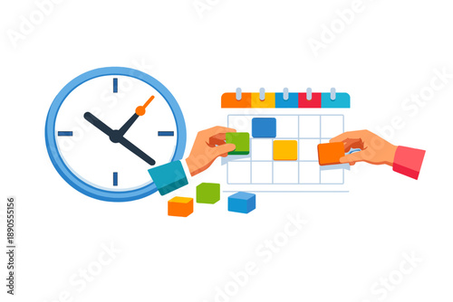 Planning activities and organizing time with blocks and calendar in a workspace setting during daytime hours