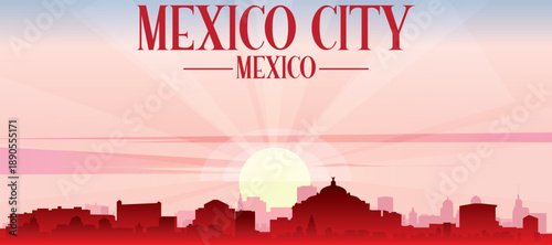 Red panoramic poster of the city skyline with misty background buildings, sunrise, moon and clouds of MEXICO CITY, MEXICO