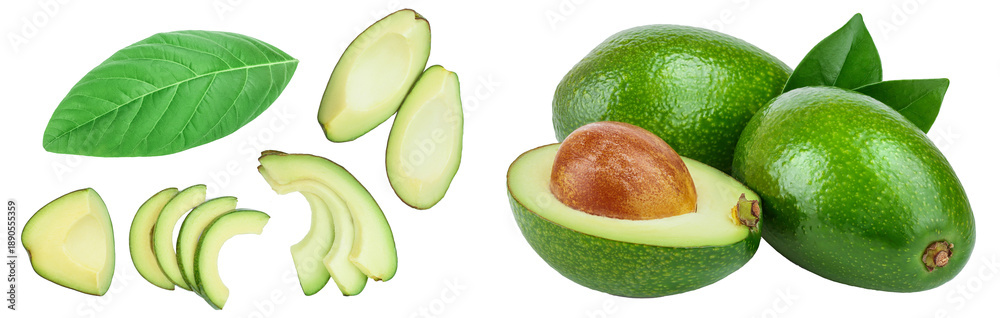 Obraz premium avocado and slices isolated on white background. Top view. Flat lay