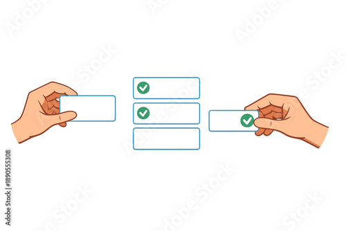 Two hands hold cards while checking off items in a simple task or organizational activity at a casual setting in the afternoon