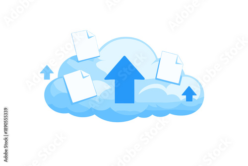 Cloud storage symbol with file upload arrows and papers representing digital data transfer in technology