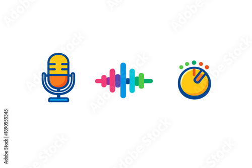 Sound recording symbols show microphone, sound wave, and equalizer. They represent audio production in digital media