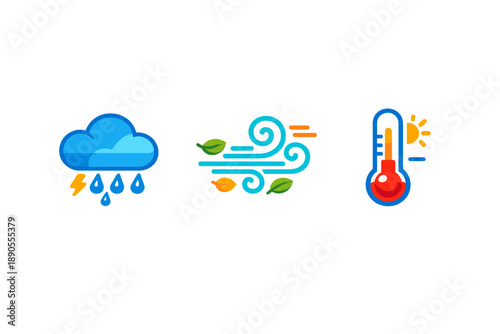 Icons representing weather conditions with rain, wind, and temperature displayed on a simple background