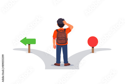 Person standing at a crossroads with directional signs showing options for the next step in a journey