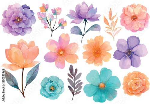 Purple orange and teal flower head collection vector illustration