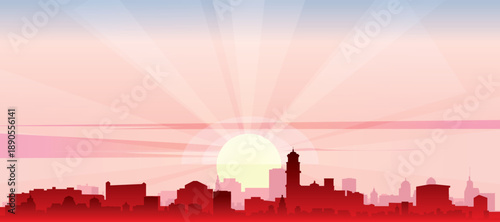 Red panoramic poster of the city skyline with misty background buildings, sunrise, moon and clouds of PUEBLA, MEXICO