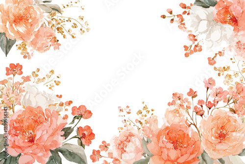 Double sided watercolor floral frame with peach roses and botanical leaves