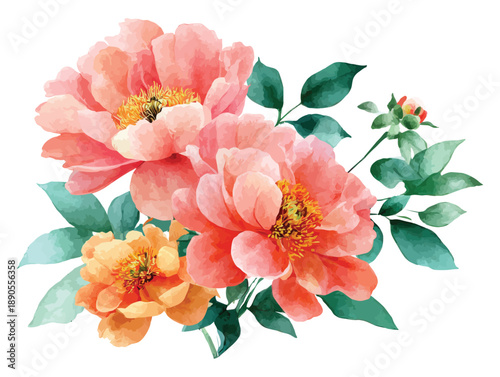 Watercolor pink and orange peony flower arrangement with botanical greenery