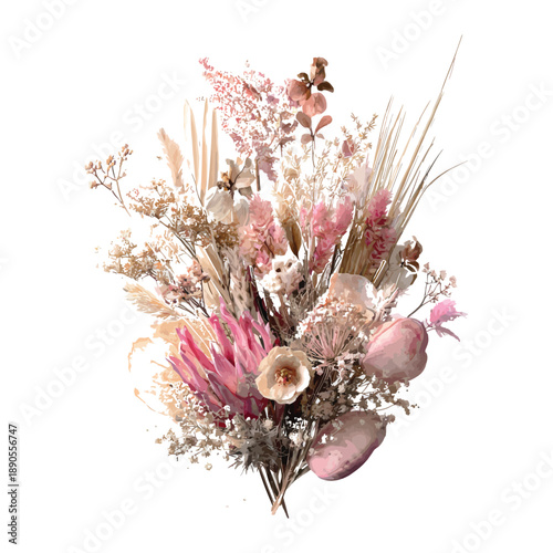 Watercolor boho floral bouquet with dried pampas grass and pink blossoms