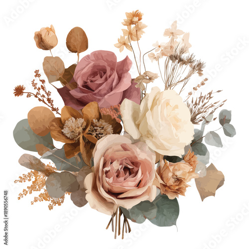 Watercolor moody brown rose bouquet with dried flowers and eucalyptus