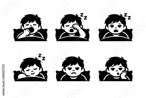 Black and white pictograms of a tired person in bed experiencing sleepiness, yawning, and morning fatigue