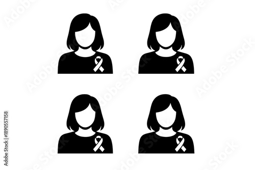 Monochrome icons of women wearing awareness ribbons for support and solidarity