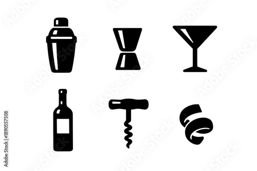 Essential bar tools and cocktail preparation equipment including shaker, jigger, and corkscrew