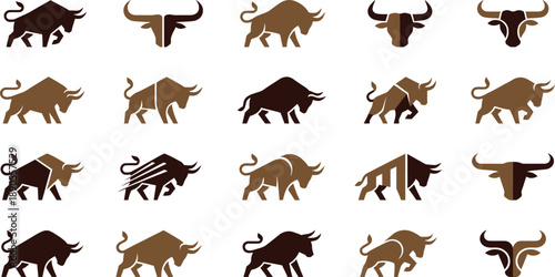 Collection of various bull silhouettes in different poses and colors, animal pattern, graphic design elements, vector illustration, various viewpoints