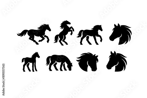 Collection of running, rearing, and standing horse silhouettes with detailed head profiles