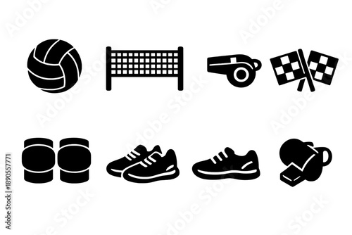 Collection of sports equipment including volleyball net whistle racing flags and athletic shoes