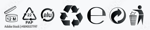Packaging and compliance symbols set, recycle icons, estimated sign, PAO mark and eco labeling icons for product design, vector illustration Möbius Loop Der Grüne Punkt