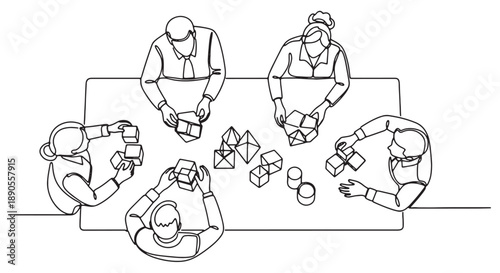 Continuous line drawing of five people sitting around a table working on puzzle pieces, teamwork and collaboration concept, vector illustration for website, banner or presentation