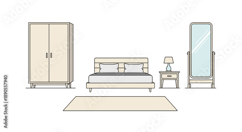 A minimalist bedroom interior sketch featuring a comfortable bed, a wardrobe, a nightstand, a full-length mirror, and a rug.