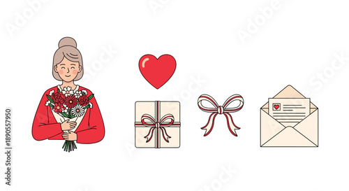A charming illustration of a woman with red flowers, a heart, gift box, bow, and a letter for celebration.
