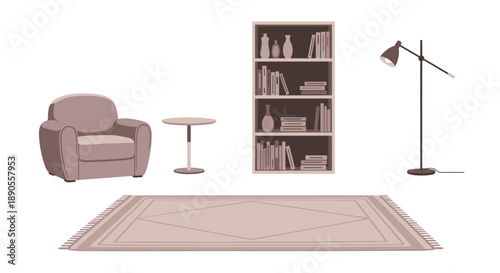 A collection of cozy living room furniture, including a plush armchair, side table, bookshelf, floor lamp, and patterned rug.