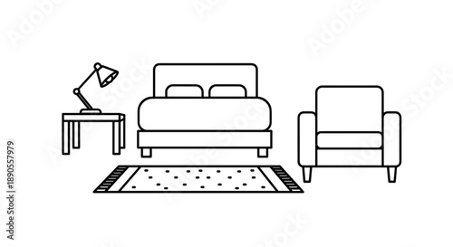 A minimalistic line art illustration depicting essential bedroom furniture including a comfortable bed, a practical nightstand, and a cozy armchair.