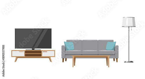 A modern living room setup displaying a large flat-screen television on a stylish media console, paired with a comfortable sofa and a floor lamp.
