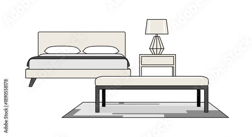 A contemporary and inviting bedroom arrangement featuring a stylish bed, functional nightstand, elegant lighting, and a chic ottoman.