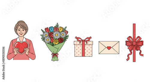 An elderly woman smiling while holding a red heart, surrounded by a colorful bouquet, a wrapped gift box, and an elegant ribbon.