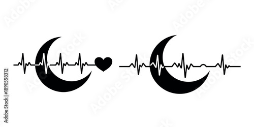 Black Heartbeat Line with Crescent Moon and Heart Vector Graphic