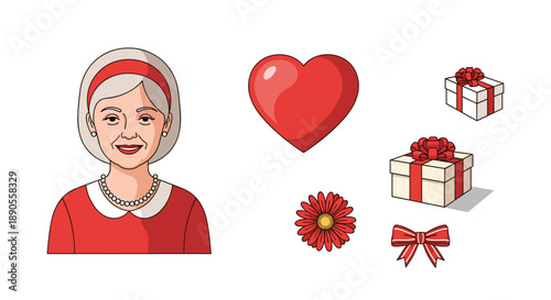 An older woman's face, with a red heart, two gift boxes, a red flower, and a decorative red ribbon.
