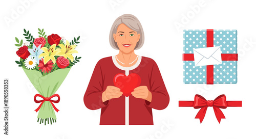 An older woman holds a red heart, with a colorful flower bouquet, patterned gift box, and a decorative red ribbon.