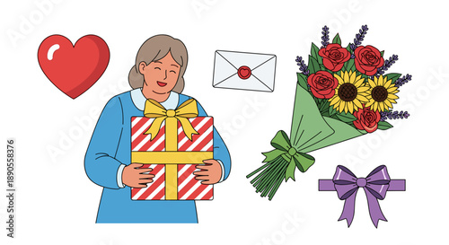 An older woman holds a gift box, with a red heart, sealed envelope, flower bouquet, and a decorative purple bow.