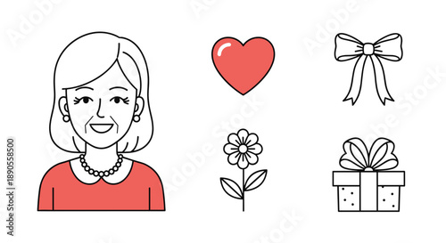 A cheerful elderly woman with a warm smile is surrounded by simple outline illustrations of a red heart, an elegant bow, a blooming flower, and a wrapped gift box.