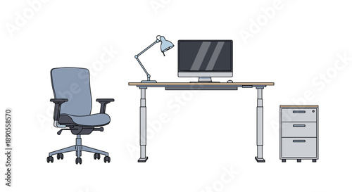 An ergonomic modern office setup is clearly illustrated, featuring an adjustable desk, comfortable chair, computer monitor, and filing cabinet.