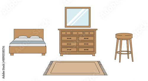 A rustic-inspired collection of bedroom or dressing area furniture is vibrantly illustrated, featuring a bed, dresser, mirror, and stool.