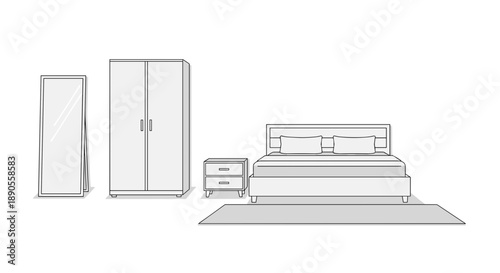 A minimalist outline illustration presents essential bedroom furniture pieces, including a bed, nightstand, two wardrobes, and an area rug.