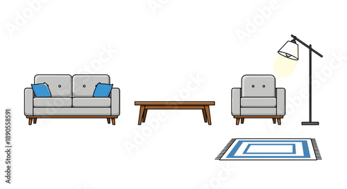 An inviting illustration features modern living room furniture, showcasing a comfortable grey sofa, a wooden coffee table, and an armchair.