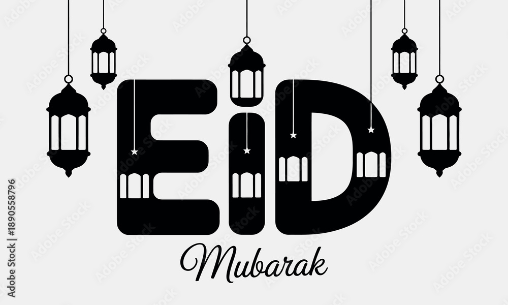 Fototapeta premium Black Eid Mubarak Text with Hanging Lanterns Vector Illustration