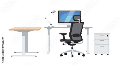 A contemporary and ergonomic office setup showcasing an adjustable standing desk with a monitor, an executive office chair, and a mobile filing cabinet.