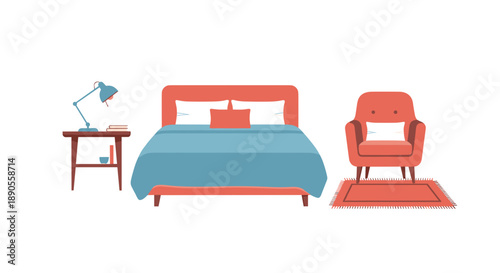 A cozy and minimalist bedroom furniture set featuring a bed, nightstand, lamp, armchair, and rug, perfect for a modern interior design.