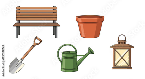 A vector illustration displays essential garden tools and decor, featuring a wooden bench, terracotta pot, shovel, watering can, and lantern.