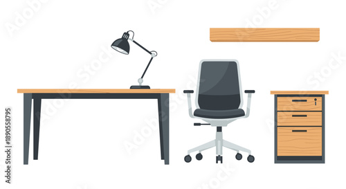 A vector illustration displays essential modern office furniture, featuring a wooden desk, ergonomic chair, adjustable lamp, and a three-drawer cabinet.