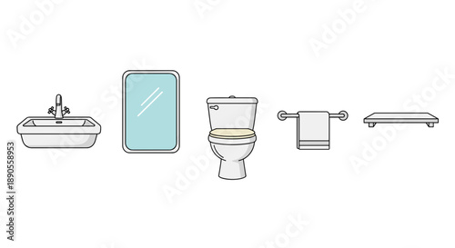 An essential set of bathroom fixtures and accessories, including a basin, mirror, toilet, towel rail, and shelf, presented for a functional space.