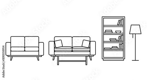 A detailed line art illustration depicting a pair of modern sofas, a tall bookshelf, and a stylish floor lamp, outlining essential living room furniture.