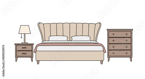 A modern bedroom includes an upholstered bed, a nightstand, a table lamp, and a tall dresser.