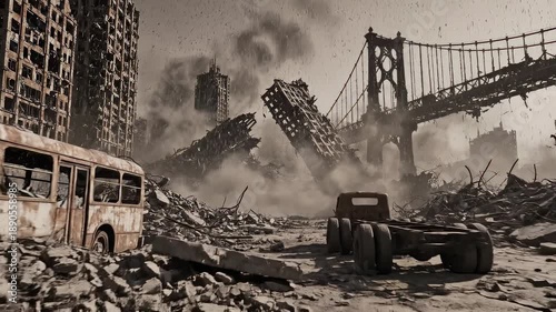 Post apocalyptic manhattan bridge devastation scene