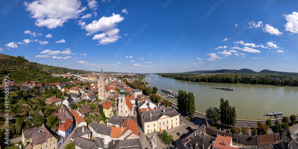 Fototapeta premium Ultra Wide Panorama of Krems an der Donau: High Resolution Aerial View of Historic Town and Danube River, Lower Austria