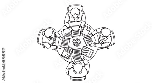 Business team meeting around a table with laptops and documents in a minimalist office setting